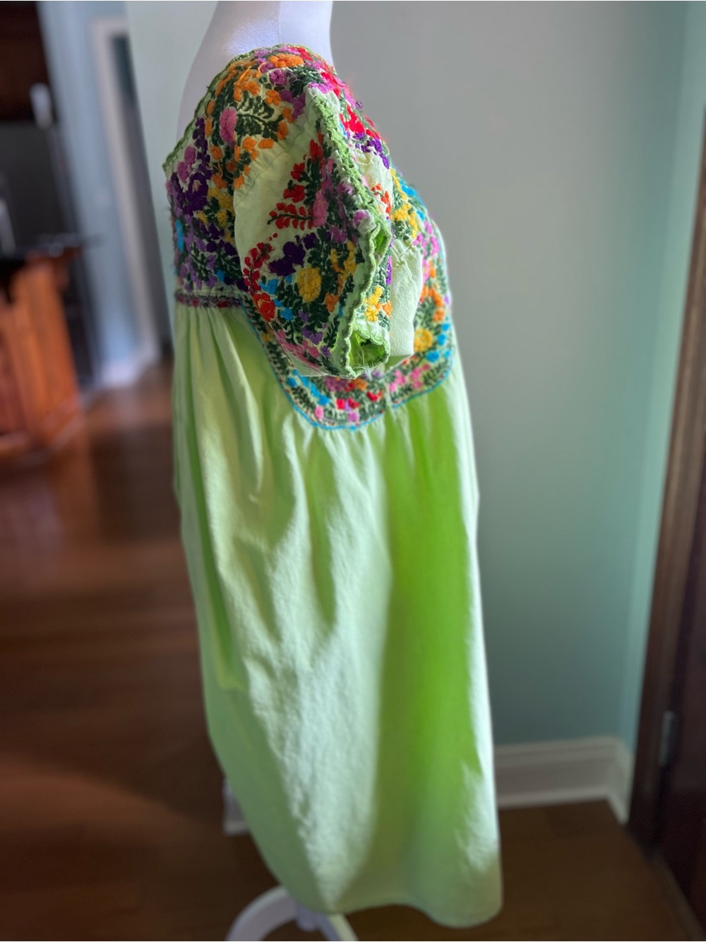 Hand-Embroidered Lime Green Midi Dress with Floral Yoke M Cottage Core Boho - Picture 11 of 11